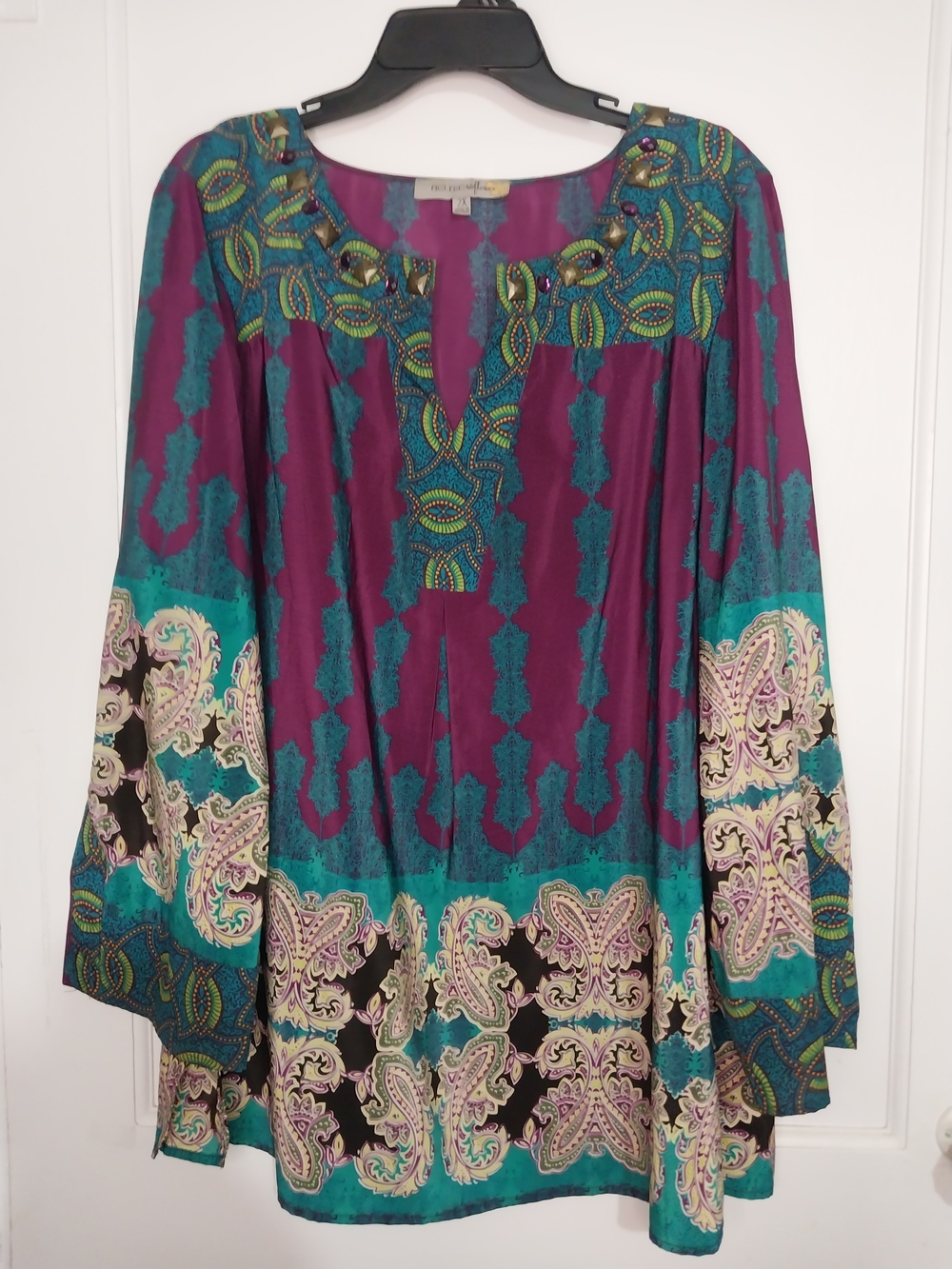 Embroidered Boho Bohemian Tunic Top in Purple and Teal Size 2X